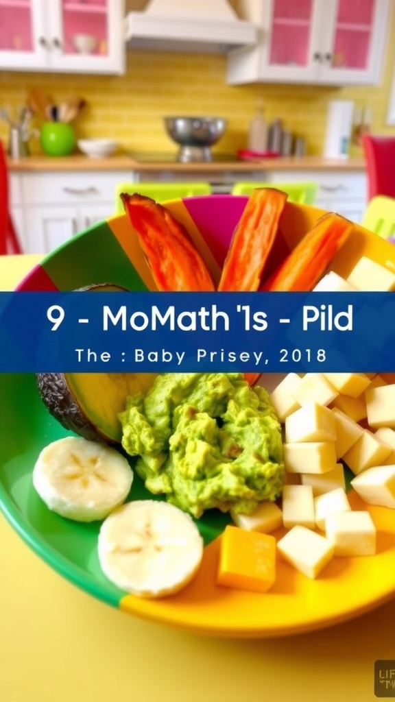 A plate with healthy snacks for a 9-month-old, including banana slices, avocado, sweet potato sticks, and cheese.